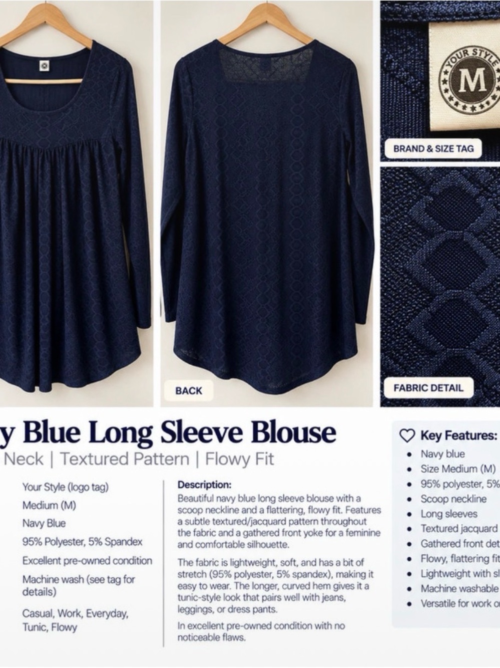 Navy Blue Long Sleeve Scoop Neck Blouse